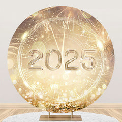 Lofaris Gold Sparkle Clock 2025 Round Happy New Year Backdrop