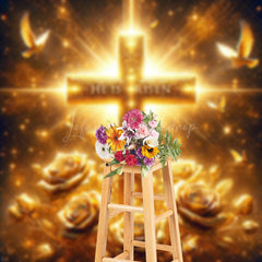 Lofaris Gold Sparkle Floral Cross He Is Risen Easter Backdrop