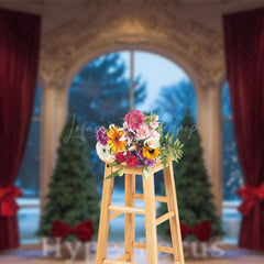 Lofaris Gold Wall Red Curtain Tree Window Christmas Backdrop