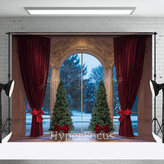 Lofaris Gold Wall Red Curtain Tree Window Christmas Backdrop