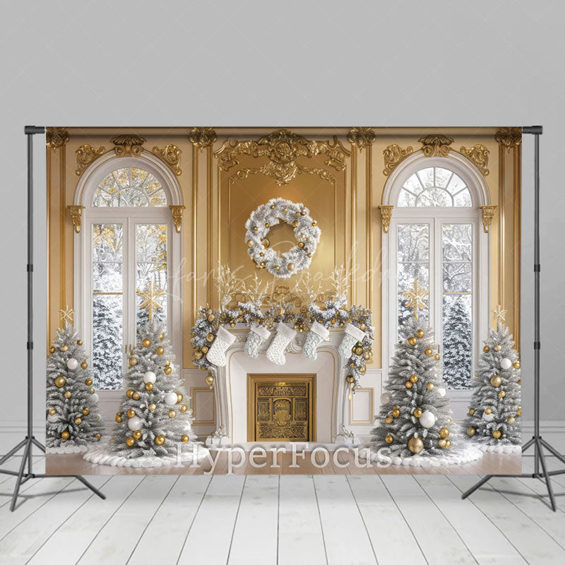 Lofaris Gold White Window Fireplace Tree Christmas Backdrop