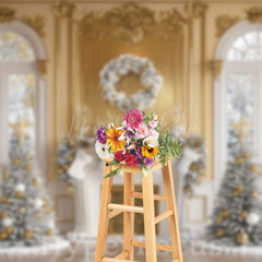 Lofaris Gold White Window Fireplace Tree Christmas Backdrop