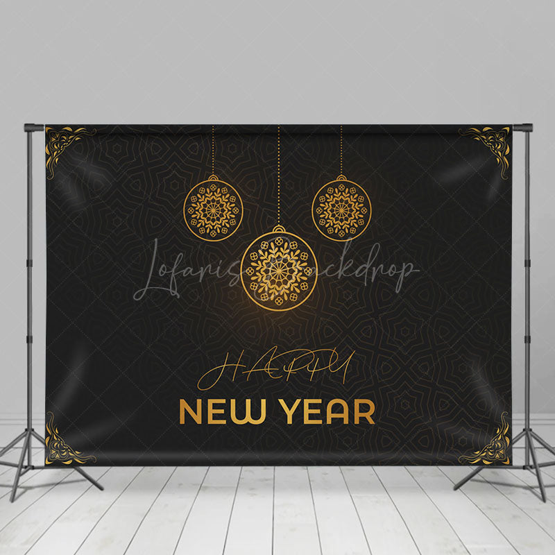 Lofaris Golden Hanging Ball Black Happy New Year Backdrop