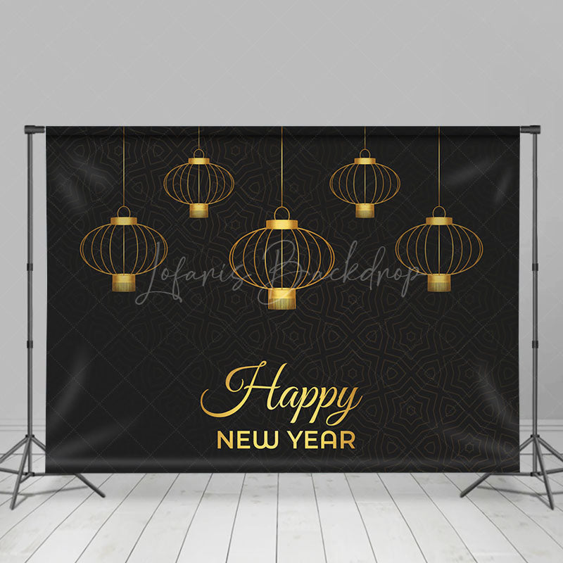 Lofaris Golden Hanging Lantern Black Happy New Year Backdrop