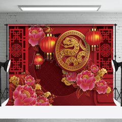 Lofaris Golden Snake Peony Lanterns Red New Year Backdrop