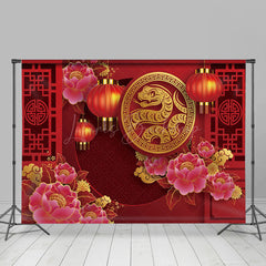 Lofaris Golden Snake Peony Lanterns Red New Year Backdrop