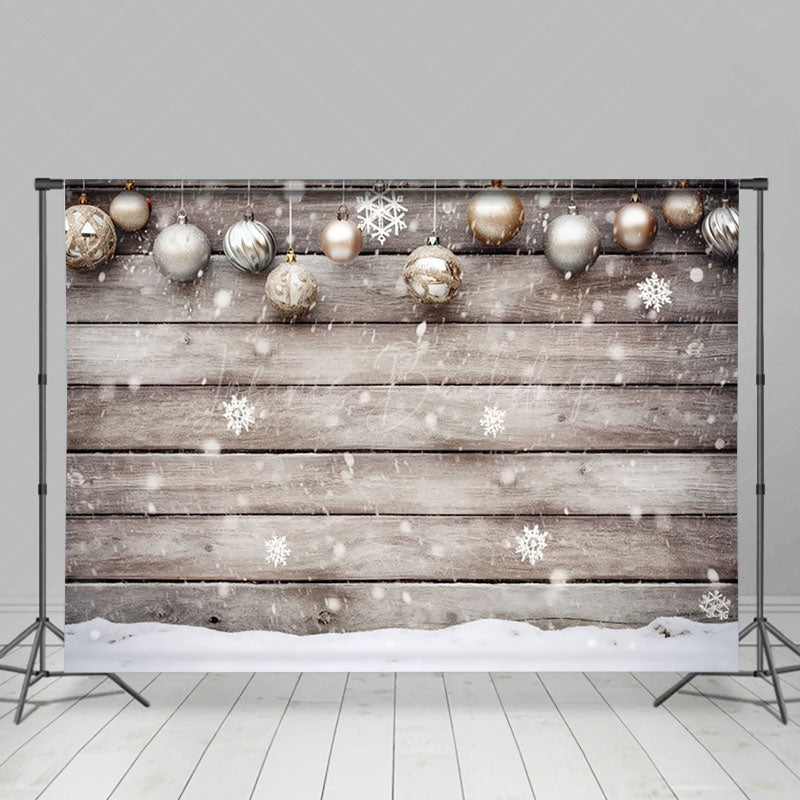 Lofaris Golden White Christmas Ball Snow Warm Wood Backdrop