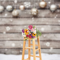 Lofaris Golden White Christmas Ball Snow Warm Wood Backdrop