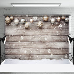 Lofaris Golden White Christmas Ball Snow Warm Wood Backdrop