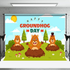 Lofaris Grassfield Blue Sky Happy Groundhog Day Backdrop