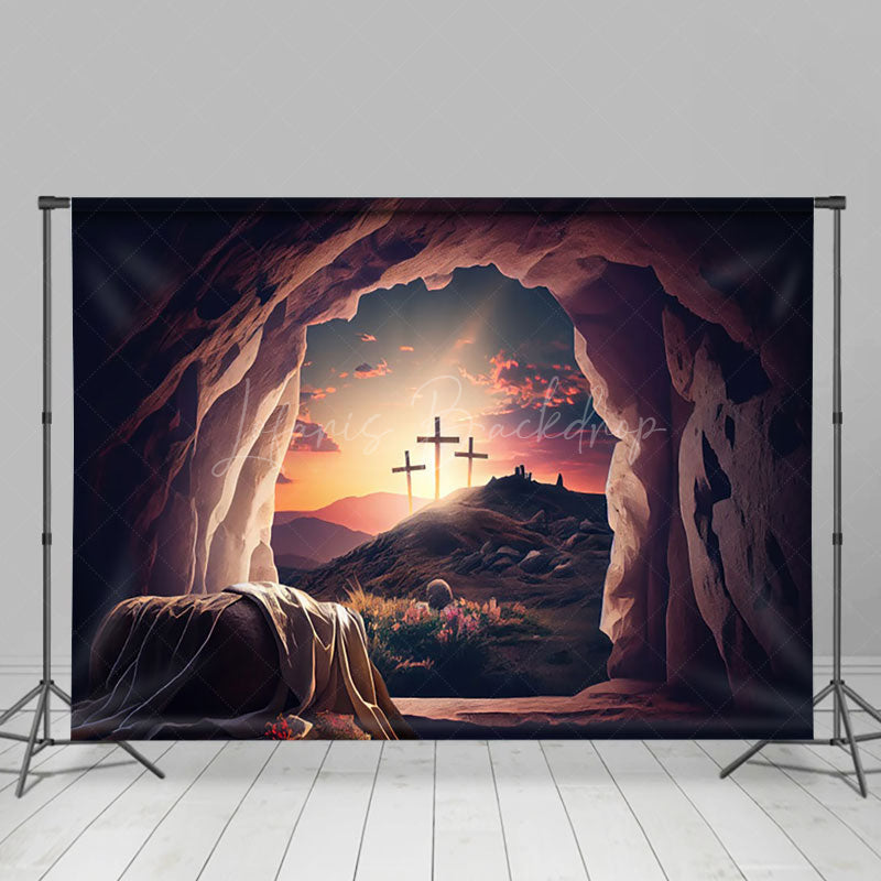 Lofaris Grave Scene Sunrise Cross Rebirth Easter Backdrop