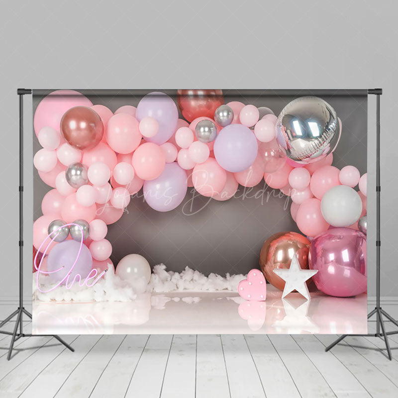 Lofaris Gray Wall Pink Balloon Girls 1St Birthday Backdrop