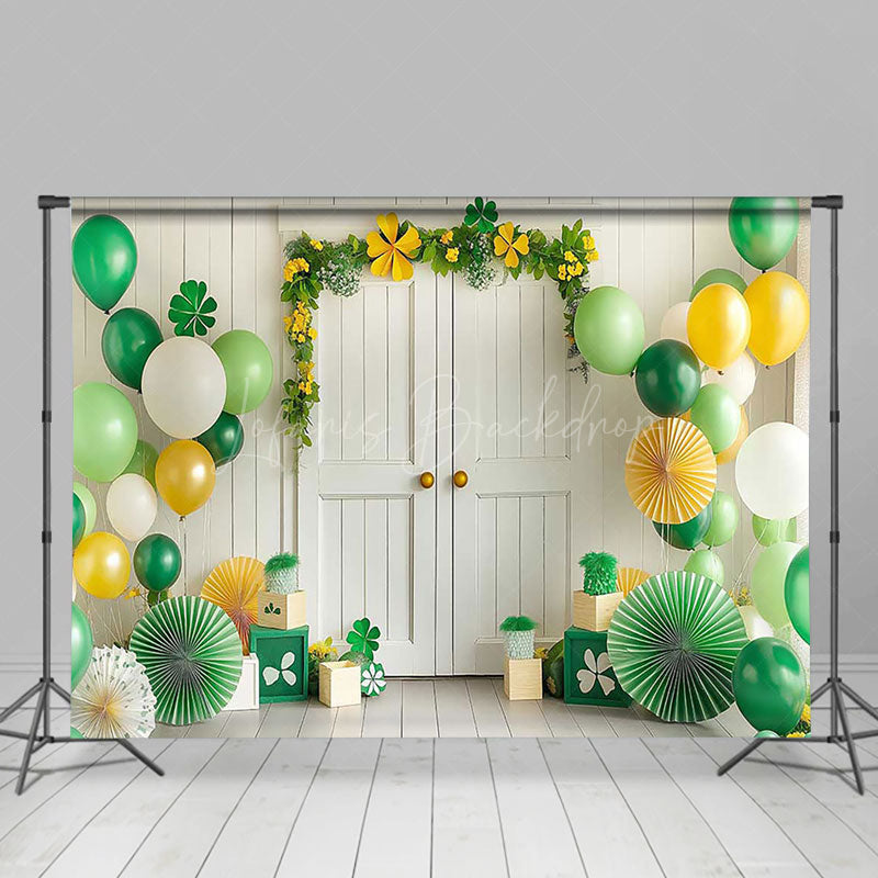 Lofaris Green Balloons Clover White Wood Door Photo Backdrop