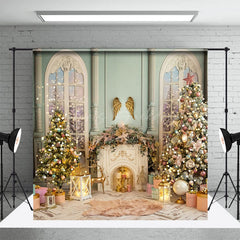 Lofaris Green Beige Palace Fireplace Christmas Tree Backdrop