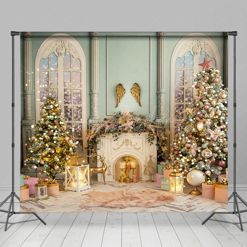 Lofaris Green Beige Palace Fireplace Christmas Tree Backdrop