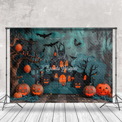 Lofaris Green Black Wall Castle Pumpkins Halloween Backdrop