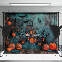 Lofaris Green Black Wall Castle Pumpkins Halloween Backdrop