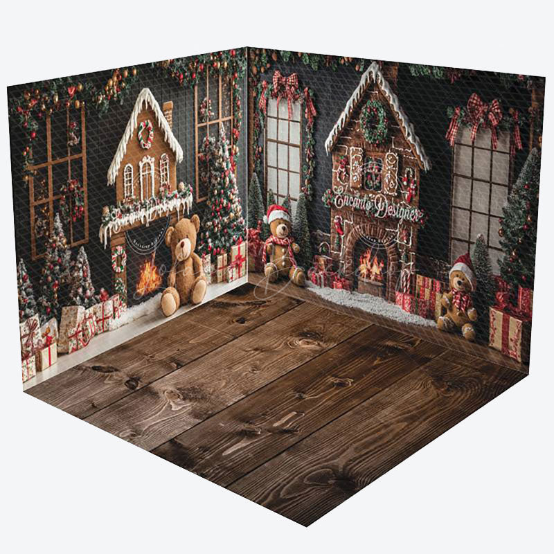 Lofaris Green Christmas Wall Fireplace Bear Room Set Backdrop