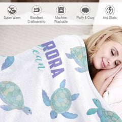 Lofaris Green Cute Sea Turtle White Custom Name Blanket