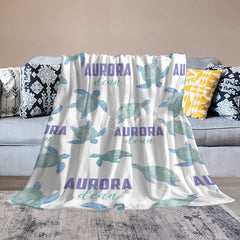 Lofaris Green Cute Sea Turtle White Custom Name Blanket