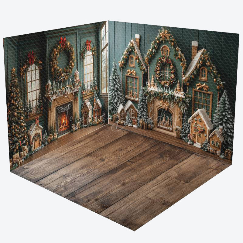 Lofaris Green Festive Christmas Fireplace Room Set Backdrop