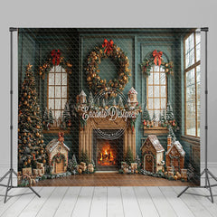 Lofaris Green Festive Christmas Fireplace Room Set Backdrop