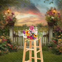 Lofaris Green Field Fence Floral Sunset Spring Backdrop