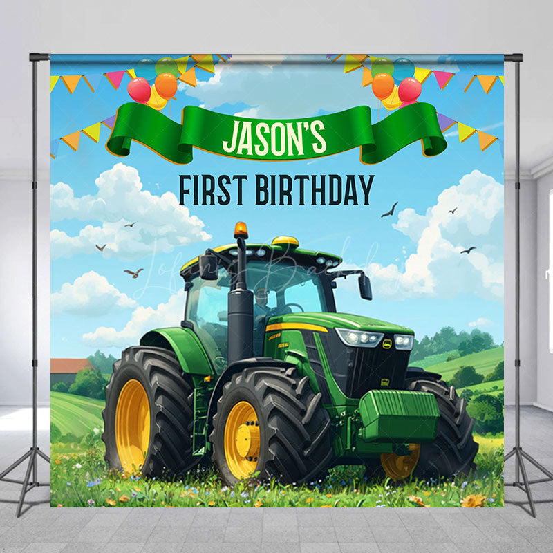 Lofaris Green Field Huge Truck Custom 1st Birthday Backdrop