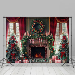 Lofaris Green Fireplace Red Curtain Christmas Vibe Backdrop