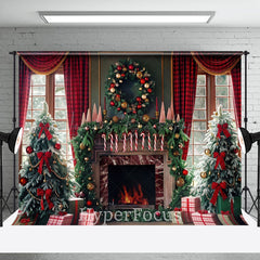 Lofaris Green Fireplace Red Curtain Christmas Vibe Backdrop