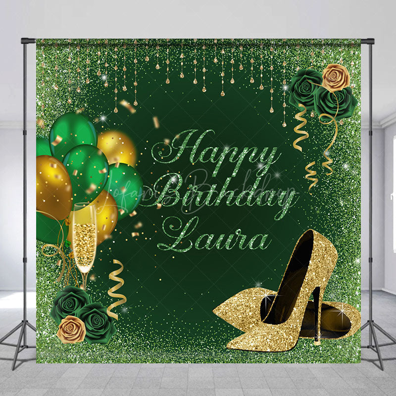 Lofaris Green Glitter Rose Custom Name Birthday Backdrop