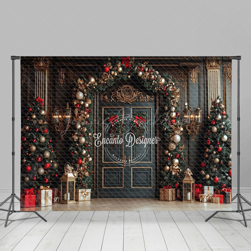 Lofaris Green Gold Door Festive Christmas Vibe Photo Backdrop