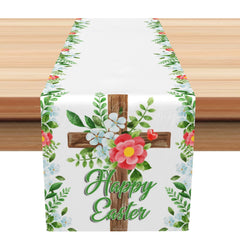 Lofaris Green Leaves Corss Floral Happy Easter Table Runner