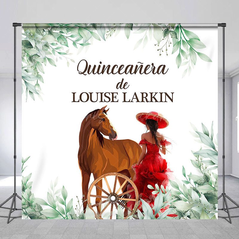 Lofaris Green Leaves Horse Custom Name Quinceanera Backdrop