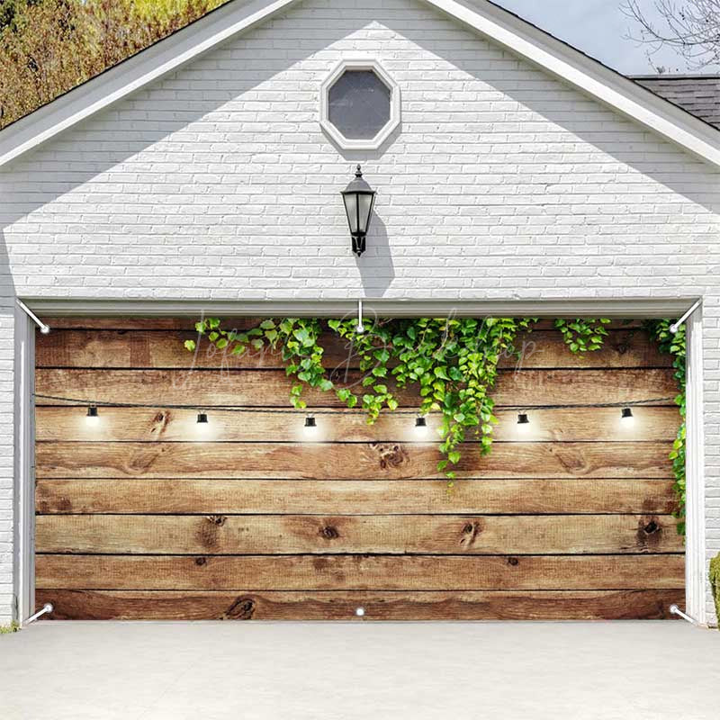 Lofaris Green Leaves Light Brown Plank Garage Door Banner