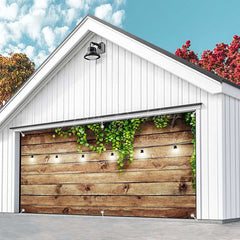 Lofaris Green Leaves Light Brown Plank Garage Door Banner