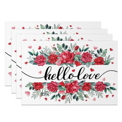 Lofaris Green Leaves Red Rose Hello Love Set Of 4 Placemats