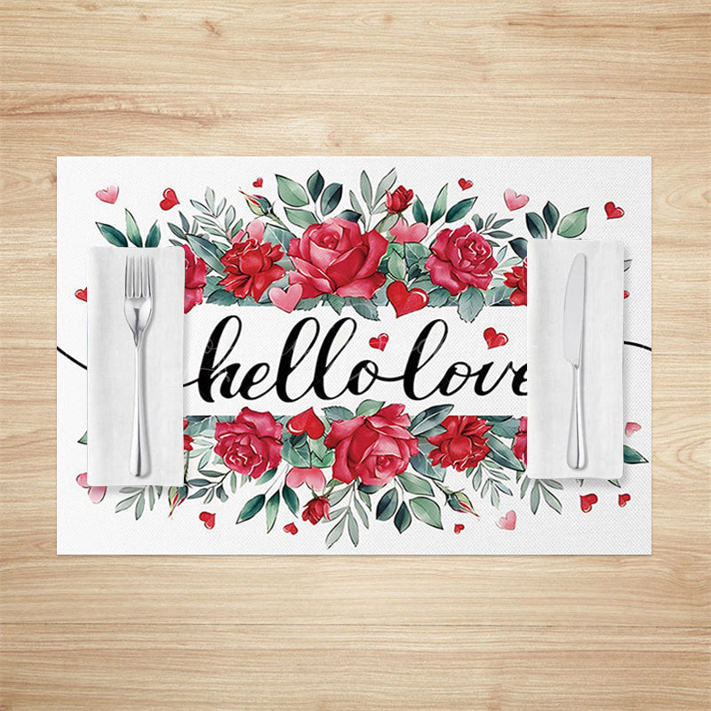 Lofaris Green Leaves Red Rose Hello Love Set Of 4 Placemats