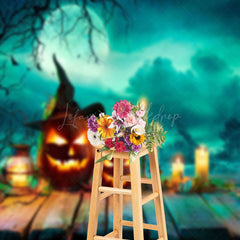 Lofaris Green Mystic Moonlit Witch Pumpkin Halloween Backdrop