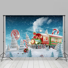 Lofaris Green Red Candy Train Snowy Field Christmas Backdrop