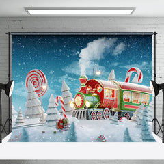 Lofaris Green Red Candy Train Snowy Field Christmas Backdrop