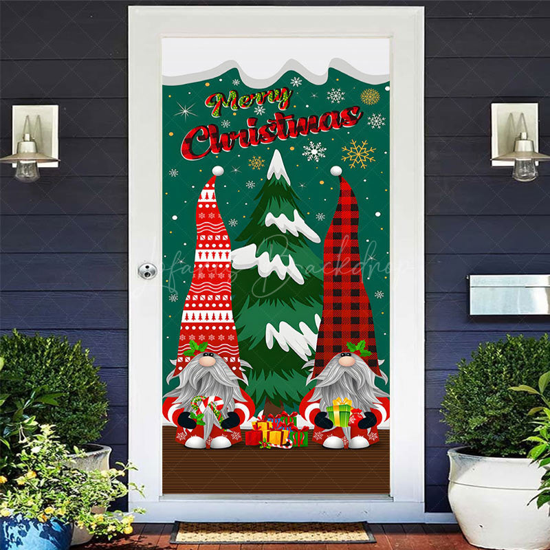 Lofaris Green Red Snowy Christmas Vibe Gnomes Door Cover