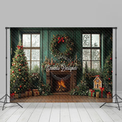 Lofaris Green Retro Christmas Fireplace Room Set Backdrop