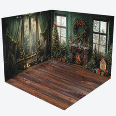 Lofaris Green Retro Christmas Fireplace Room Set Backdrop