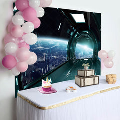 Lofaris Green Spaceship Earth Scene Happy Birthday Backdrop