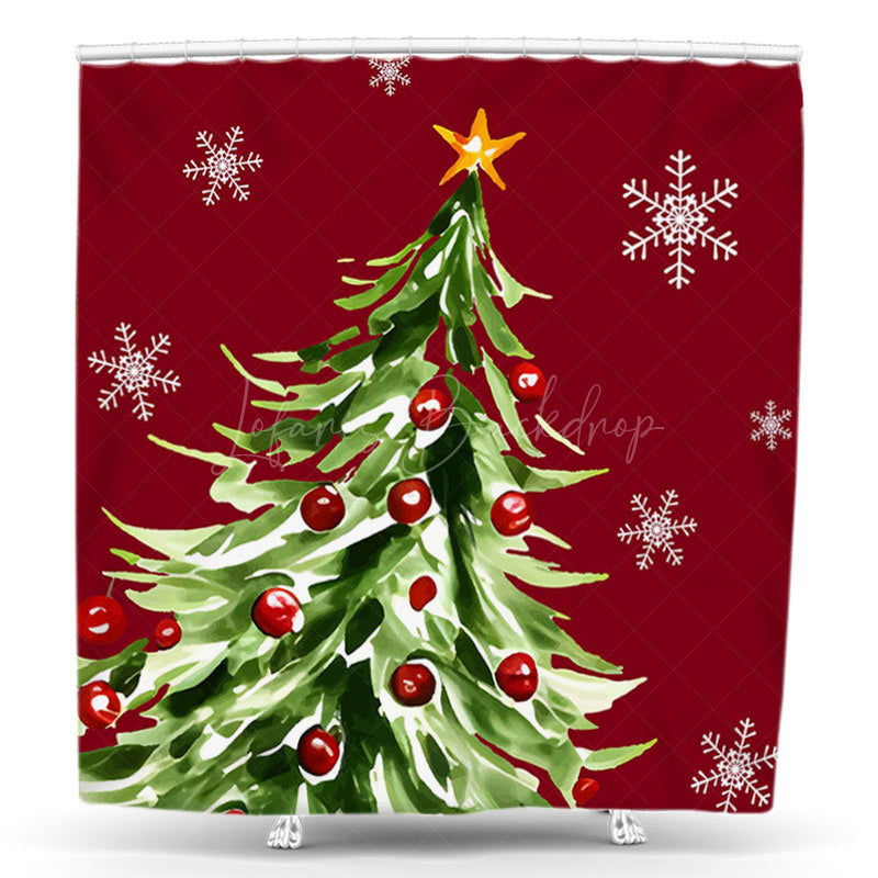 Lofaris Green Tree Snowflake Red Christmas Shower Curtain