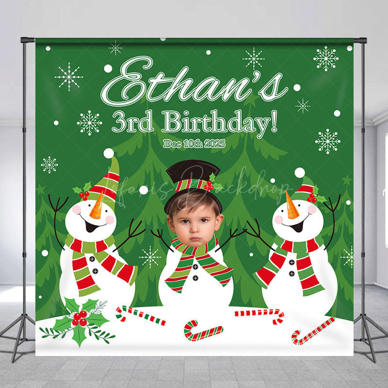 Lofaris Green Tree Snowman Custom Name 3rd Birthday Backdrop