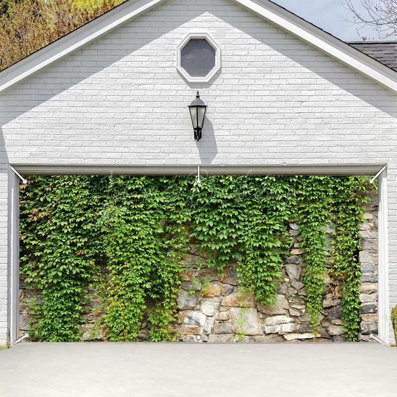 Lofaris Green Vine Leaves Stone Wall Garage Door Banner