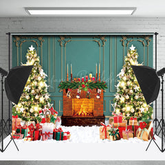 Lofaris Green Wall Cozy Fireplace Christams Tree Backdrop