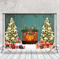 Lofaris Green Wall Cozy Fireplace Christams Tree Backdrop